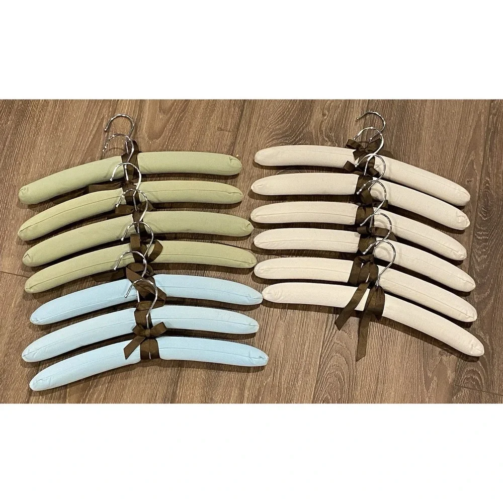 Vintage 15 inch Fabric Padded Hangers Set of 13 Ivory, Blue & Green Excellent